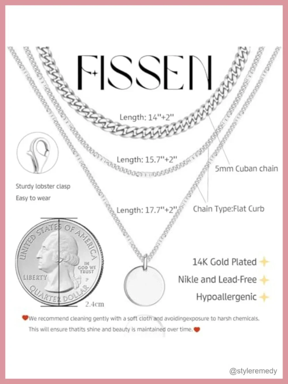 14K Gold Plated Dainty Layered Necklace Set Cuban Herringbone Paperclip Pendant